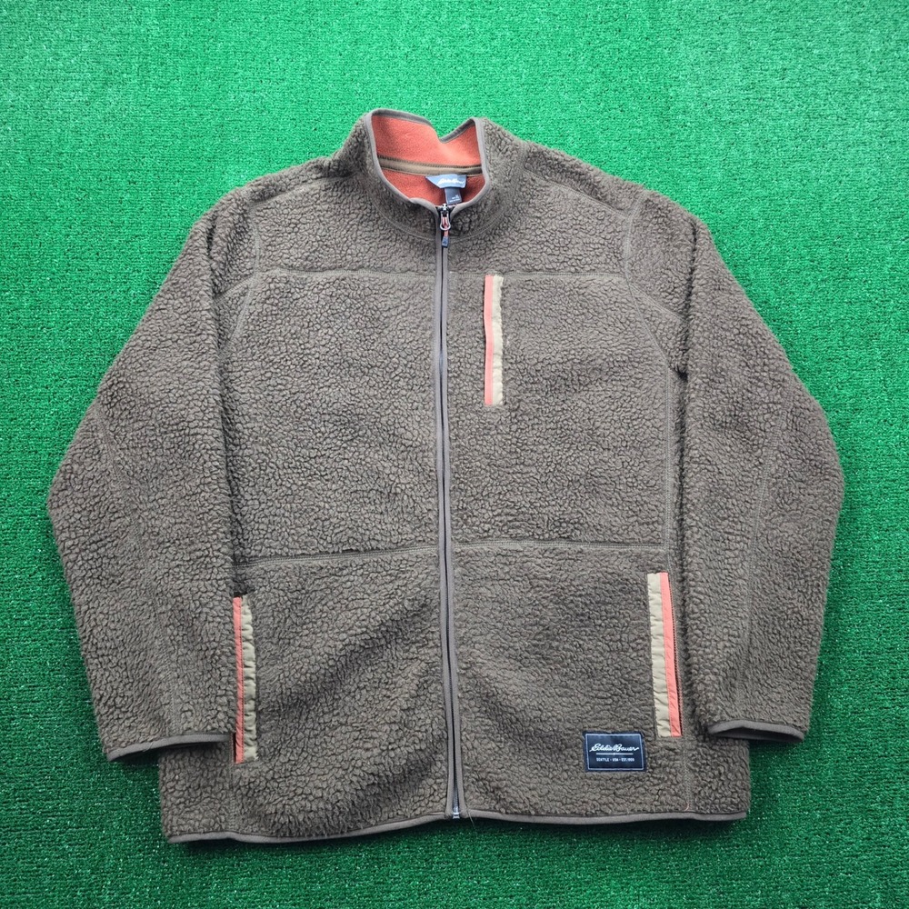Eddie Bauer Sherpa Fleece Jacket Mens XL Brown Full Zip Mock Neck Outdoor Hiking